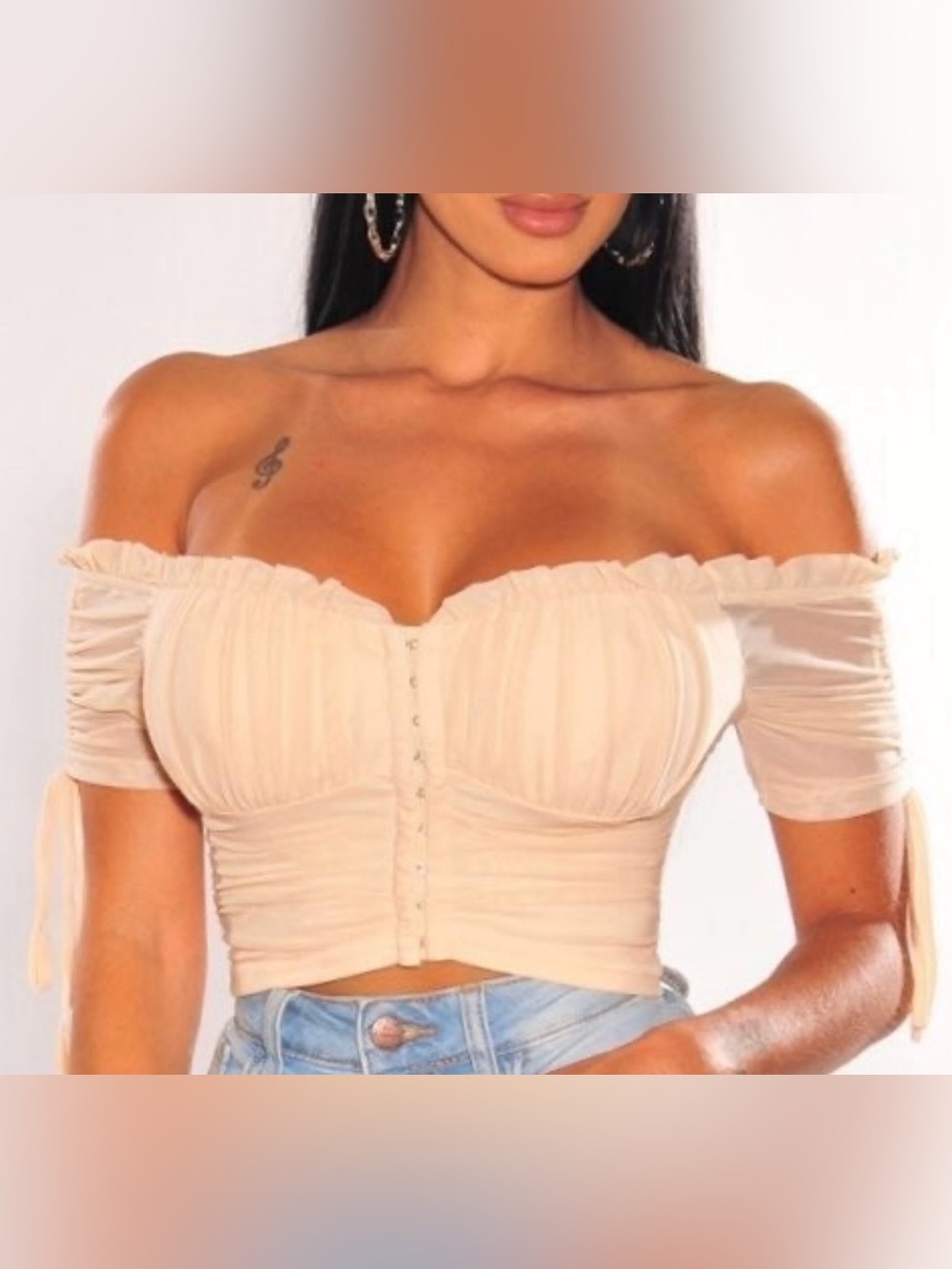 Hot Miami Styles Nude Mesh Off Shoulder Padded Short Sleeve Ruched Crop Top - S
